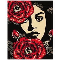 Artery8 Beauty in Bloom Woman Face & Flowers Design Wall Art Print in Red | Size: W12" x H16"