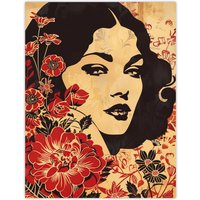 Artery8 Beauty in Bloom Woman Floral Portrait Design Wall Art Print in Beige | Size: W18" x H24"