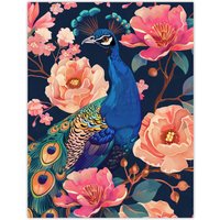 Artery8 Peacock Bird with Pink Flower Pattern Design Wall Art Print in Blue | Size: W12" x H16"