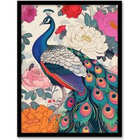 Artery8 Peacock Bird with Peony Flower Pattern Design Framed Art Print in Pink | Size: W12" x H16"