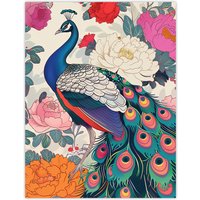 Artery8 Peacock Bird with Peony Flower Pattern Design Wall Art Print in Pink | Size: W24" x H32"