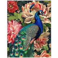 Artery8 Peacock Bird with Flower Pattern Stylised Design Wall Art Print in Green | Size: W12" x H16"