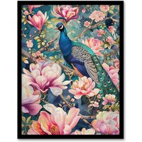 Artery8 Peacock Bird Cherry Blossom Flower Tree Design Framed Art Print in Pink | Size: W12" x H16"
