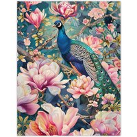 Artery8 Peacock Bird Cherry Blossom Flower Tree Design Wall Art Print in Pink | Size: W24" x H32"