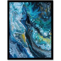Artery8 Liquid Paint Teal Blue Yellow Abstract Painting Framed Art Print | Size: A4