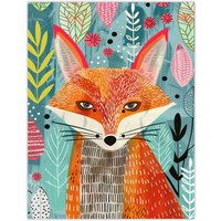Artery8 Devious Fox in Garden Folk Art Pattern Design Wall Art Print | Size: W18" x H24"