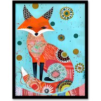 Artery8 Fox Folk Art Portrait Colourful Pattern Design Framed Art Print in Blue | Size: W12" x H16"