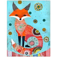 Artery8 Fox Folk Art Portrait Colourful Pattern Design Wall Art Print in Blue | Size: W18" x H24"