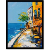 Artery8 French Seaside Town Cafe Street Oil Painting Framed Art Print in Blue | Size: W12" x H16"