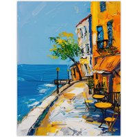 Artery8 French Seaside Town Cafe Street Oil Painting Wall Art Print in Blue | Size: W24" x H32"