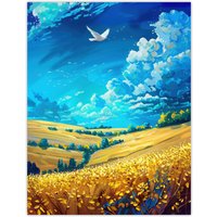 Artery8 Golden Yellow Wheat Fields Countryside Landscape Wall Art Print in Blue | Size: W18" x H24"