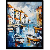 Artery8 Boats in Harbor Fishing Town Coastal Townscape Framed Art Print | Size: A4