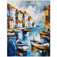 Artery8 Boats in Harbor Fishing Town Coastal Townscape Wall Art Print | Size: W18" x H24"