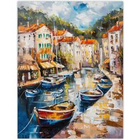 Artery8 French Fishing Town Canal Boats Townscape Wall Art Print | Size: W24" x H32"
