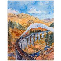 Artery8 Steam Train Glenfinnan Viaduct Railway Bridge Wall Art Print in Yellow | Size: W12" x H16"