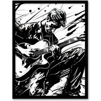 Artery8 Guitarist Playing Guitar Black White Ink Drawing Framed Art Print | Size: W12" x H16"