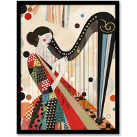 Artery8 Harpist Playing Harp Music Colourful Geometric Framed Art Print | Size: A4