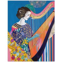 Artery8 Harpist Playing Harp Music Colourful Batik Style Wall Art Print in Blue | Size: W18" x H24"
