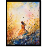 Artery8 Little in Summer Meadow Dusk Painting Framed Art Print in Yellow | Size: W12" x H16"