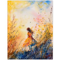 Artery8 Little in Summer Meadow Dusk Painting Wall Art Print in Yellow | Size: W12" x H16"
