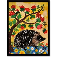 Artery8 Charming Hedgehog Under Tree Flowers Folk Art Framed Art Print in Yellow | Size: W12" x H16"