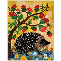 Artery8 Charming Hedgehog Under Tree Flowers Folk Art Wall Art Print in Yellow | Size: W18" x H24"
