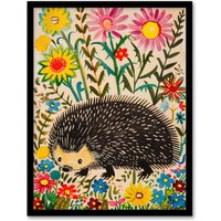 Artery8 Hedgehog in Wildflower Garden Folk Art Painting Framed Art Print | Size: A4