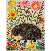 Artery8 Hedgehog in Wildflower Garden Folk Art Painting Wall Art Print | Size: W24" x H32"