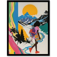 Artery8 Hiker Bright Sun Mountains Abstract Colourful Framed Art Print | Size: W12" x H16"
