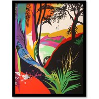 Artery8 Colourful Abstract Trees Hills Lake Bright Bold Framed Art Print | Size: A4