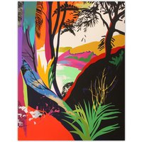 Artery8 Colourful Abstract Trees Hills Lake Bright Bold Wall Art Print | Size: W12" x H16"