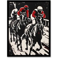 Artery8 Jockeys in Horse Racing Scene Black Red Modernist Framed Art Print | Size: W12" x H16"