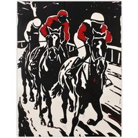 Artery8 Jockeys in Horse Racing Scene Black Red Modernist Wall Art Print | Size: W18" x H24"