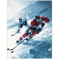 Artery8 Ice Hockey Players in Game Oil Painting Winter Wall Art Print in Blue | Size: W12" x H16"