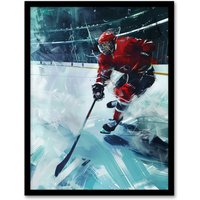 Artery8 Ice Hockey Player in Game Oil Painting Stadium Framed Art Print in Blue | Size: W12" x H16"