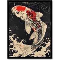 Artery8 Traditional Black Red Japanese Koi Carp Artwork Framed Art Print | Size: W12" x H16"