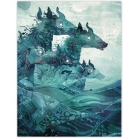Artery8 Mythical Sea Kelpies Riding Waves Artwork Blue Wall Art Print | Size: W24" x H32"