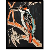Artery8 Modernist Kingfisher Bird on Branch Black Orange Framed Art Print | Size: A4