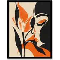 Artery8 Bold Minimal Lady Kissing Rose Flower Artwork Framed Art Print in Orange | Size: A4