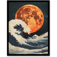 Artery8 Orange Moon Over Japanese Ocean Waves Artwork Framed Art Print | Size: A4