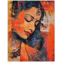 Artery8 Young Indian Woman Portrait Modern Artwork Beauty Wall Art Print in Orange | Size: W12" x H16"