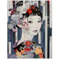Artery8 Modern Japanese Woman Portrait in Delicate Floral Wall Art Print in Grey | Size: W24" x H32"