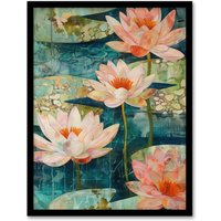 Artery8 Tranquil Pink Water Lilies on Calm Pond Artwork Framed Art Print in Blue | Size: W12" x H16"