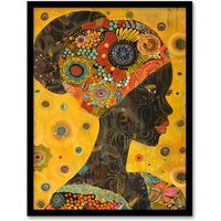 Artery8 African Woman Portrait Colourful Detailed Artwork Framed Art Print in Yellow | Size: A4