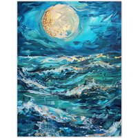 Artery8 Oceans Waves Under Full Moon Oil Painting Dark Wall Art Print in Blue | Size: W24" x H32"