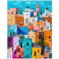 Artery8 Quirky Morocco Cityscape Oil Painting Colourful Wall Art Print in Blue | Size: W18" x H24"