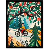Artery8 Man on Bike Mountains Simple Painting Colourful Framed Art Print in Green | Size: A4