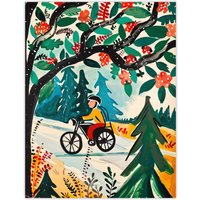 Artery8 Man on Bike Mountains Simple Painting Colourful Wall Art Print in Green | Size: W12" x H16"