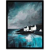 Artery8 Coastal Cottages Oil Painting Grey Sky Scotland Framed Art Print | Size: W12" x H16"