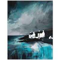 Artery8 Coastal Cottages Oil Painting Grey Sky Scotland Wall Art Print | Size: W12" x H16"